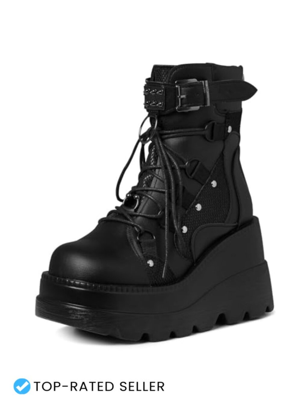 Goth Platform Ankle Boots Vegan PU Leather Chunky Wedge Heel Rave Booties